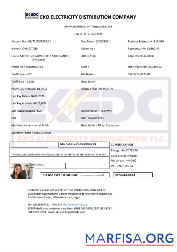 Blank Nigeria Eko Electricity Distribution Company (EKEDC) utility bill template in Word and PDF format